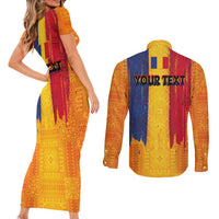 Personalized Romania Flag Day Couples Matching Short Sleeve Bodycon Dress and Long Sleeve Button Shirt Traditional Pattern Royal Style