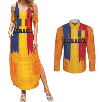 Personalized Romania Flag Day Couples Matching Summer Maxi Dress and Long Sleeve Button Shirt Traditional Pattern Royal Style