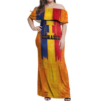 Personalized Romania Flag Day Off Shoulder Maxi Dress Traditional Pattern Royal Style