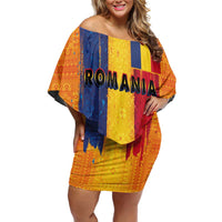 Personalized Romania Flag Day Off Shoulder Short Dress Traditional Pattern Royal Style