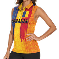 Personalized Romania Flag Day Women Sleeveless Polo Shirt Traditional Pattern Royal Style