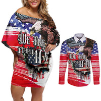 The United States Independence Day Couples Matching Off Shoulder Short Dress and Long Sleeve Button Shirt We The People Watercolor Style
