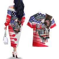 The United States Independence Day Couples Matching Off The Shoulder Long Sleeve Dress and Hawaiian Shirt We The People Watercolor Style