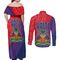 Haiti National Emblem Couples Matching Off Shoulder Maxi Dress and Long Sleeve Button Shirt Dashiki and Polynesian Pattern