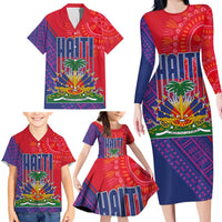 Haiti National Emblem Family Matching Long Sleeve Bodycon Dress and Hawaiian Shirt Dashiki and Polynesian Pattern