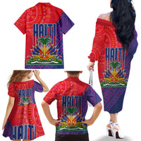 Haiti National Emblem Family Matching Off The Shoulder Long Sleeve Dress and Hawaiian Shirt Dashiki and Polynesian Pattern