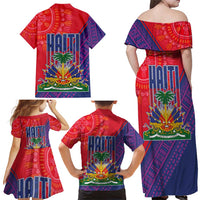 Haiti National Emblem Family Matching Off Shoulder Maxi Dress and Hawaiian Shirt Dashiki and Polynesian Pattern