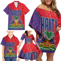 Haiti National Emblem Family Matching Off Shoulder Short Dress and Hawaiian Shirt Dashiki and Polynesian Pattern