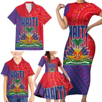 Haiti National Emblem Family Matching Short Sleeve Bodycon Dress and Hawaiian Shirt Dashiki and Polynesian Pattern