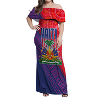 Haiti National Emblem Off Shoulder Maxi Dress Dashiki and Polynesian Pattern