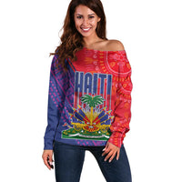 Haiti National Emblem Off Shoulder Sweater Dashiki and Polynesian Pattern