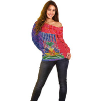 Haiti National Emblem Off Shoulder Sweater Dashiki and Polynesian Pattern