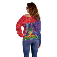 Haiti National Emblem Off Shoulder Sweater Dashiki and Polynesian Pattern