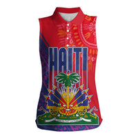 Haiti National Emblem Women Sleeveless Polo Shirt Dashiki and Polynesian Pattern