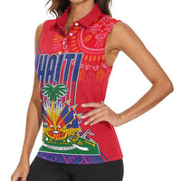 Haiti National Emblem Women Sleeveless Polo Shirt Dashiki and Polynesian Pattern