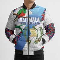 Guatemala Independence Day Bomber Puffer Jacket Resplendent Quetzal with Coat of Arms and Maya Textiles - Wonder Print Shop