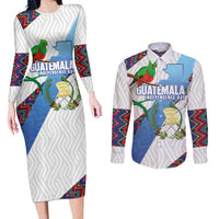 Guatemala Independence Day Couples Matching Long Sleeve Bodycon Dress and Long Sleeve Button Shirt Resplendent Quetzal with Coat of Arms and Maya Textiles - Wonder Print Shop