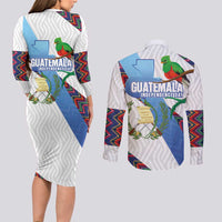 Guatemala Independence Day Couples Matching Long Sleeve Bodycon Dress and Long Sleeve Button Shirt Resplendent Quetzal with Coat of Arms and Maya Textiles - Wonder Print Shop