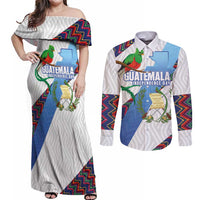 Guatemala Independence Day Couples Matching Off Shoulder Maxi Dress and Long Sleeve Button Shirt Resplendent Quetzal with Coat of Arms and Maya Textiles - Wonder Print Shop