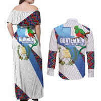 Guatemala Independence Day Couples Matching Off Shoulder Maxi Dress and Long Sleeve Button Shirt Resplendent Quetzal with Coat of Arms and Maya Textiles - Wonder Print Shop