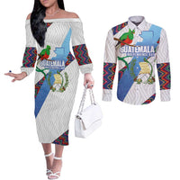 Guatemala Independence Day Couples Matching Off The Shoulder Long Sleeve Dress and Long Sleeve Button Shirt Resplendent Quetzal with Coat of Arms and Maya Textiles - Wonder Print Shop