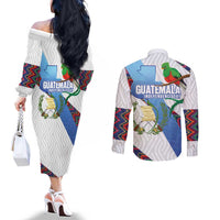 Guatemala Independence Day Couples Matching Off The Shoulder Long Sleeve Dress and Long Sleeve Button Shirt Resplendent Quetzal with Coat of Arms and Maya Textiles - Wonder Print Shop