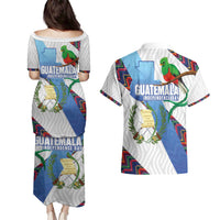 Guatemala Independence Day Couples Matching Puletasi and Hawaiian Shirt Resplendent Quetzal with Coat of Arms and Maya Textiles - Wonder Print Shop