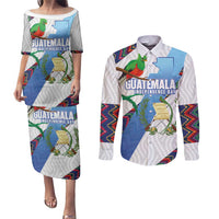 Guatemala Independence Day Couples Matching Puletasi and Long Sleeve Button Shirt Resplendent Quetzal with Coat of Arms and Maya Textiles - Wonder Print Shop
