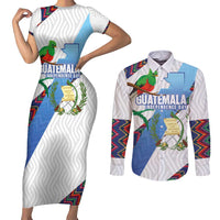 Guatemala Independence Day Couples Matching Short Sleeve Bodycon Dress and Long Sleeve Button Shirt Resplendent Quetzal with Coat of Arms and Maya Textiles - Wonder Print Shop