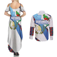 Guatemala Independence Day Couples Matching Summer Maxi Dress and Long Sleeve Button Shirt Resplendent Quetzal with Coat of Arms and Maya Textiles - Wonder Print Shop