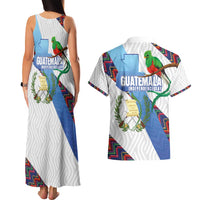 Guatemala Independence Day Couples Matching Tank Maxi Dress and Hawaiian Shirt Resplendent Quetzal with Coat of Arms and Maya Textiles - Wonder Print Shop