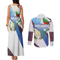 Guatemala Independence Day Couples Matching Tank Maxi Dress and Long Sleeve Button Shirt Resplendent Quetzal with Coat of Arms and Maya Textiles - Wonder Print Shop