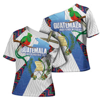 Guatemala Independence Day Cross Shoulder Shirt Resplendent Quetzal with Coat of Arms and Maya Textiles - Wonder Print Shop