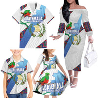 Guatemala Independence Day Family Matching Off The Shoulder Long Sleeve Dress and Hawaiian Shirt Resplendent Quetzal with Coat of Arms and Maya Textiles - Wonder Print Shop