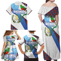 Guatemala Independence Day Family Matching Off Shoulder Maxi Dress and Hawaiian Shirt Resplendent Quetzal with Coat of Arms and Maya Textiles - Wonder Print Shop
