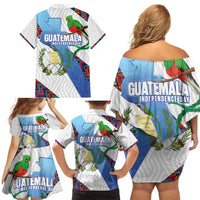 Guatemala Independence Day Family Matching Off Shoulder Short Dress and Hawaiian Shirt Resplendent Quetzal with Coat of Arms and Maya Textiles - Wonder Print Shop
