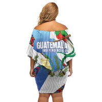 Guatemala Independence Day Family Matching Off Shoulder Short Dress and Hawaiian Shirt Resplendent Quetzal with Coat of Arms and Maya Textiles - Wonder Print Shop