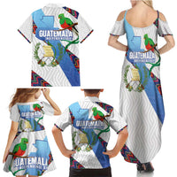 Guatemala Independence Day Family Matching Summer Maxi Dress and Hawaiian Shirt Resplendent Quetzal with Coat of Arms and Maya Textiles - Wonder Print Shop
