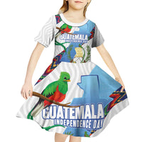 Guatemala Independence Day Kid Short Sleeve Dress Resplendent Quetzal with Coat of Arms and Maya Textiles - Wonder Print Shop