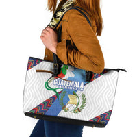 Guatemala Independence Day Leather Tote Bag Resplendent Quetzal with Coat of Arms and Maya Textiles - Wonder Print Shop