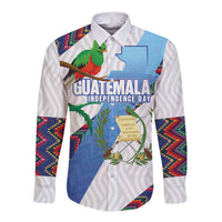 Guatemala Independence Day Long Sleeve Button Shirt Resplendent Quetzal with Coat of Arms and Maya Textiles - Wonder Print Shop