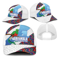 Guatemala Independence Day Mesh Trucker Cap Resplendent Quetzal with Coat of Arms and Maya Textiles - Wonder Print Shop
