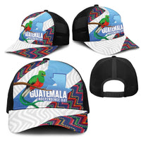 Guatemala Independence Day Mesh Trucker Cap Resplendent Quetzal with Coat of Arms and Maya Textiles - Wonder Print Shop