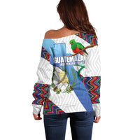 Guatemala Independence Day Off Shoulder Sweater Resplendent Quetzal with Coat of Arms and Maya Textiles - Wonder Print Shop