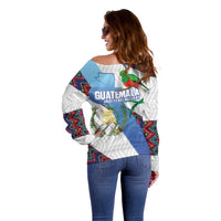 Guatemala Independence Day Off Shoulder Sweater Resplendent Quetzal with Coat of Arms and Maya Textiles - Wonder Print Shop
