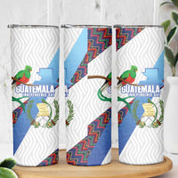 Guatemala Independence Day Skinny Tumbler Resplendent Quetzal with Coat of Arms and Maya Textiles - Wonder Print Shop