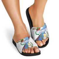 Guatemala Independence Day Slide Sandals Resplendent Quetzal with Coat of Arms and Maya Textiles - Wonder Print Shop