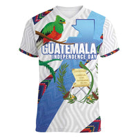 Guatemala Independence Day Women V-Neck T-Shirt Resplendent Quetzal with Coat of Arms and Maya Textiles - Wonder Print Shop