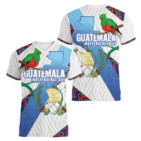 Guatemala Independence Day Women V-Neck T-Shirt Resplendent Quetzal with Coat of Arms and Maya Textiles - Wonder Print Shop