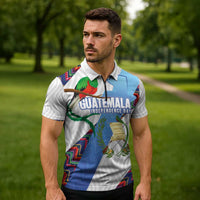 Guatemala Independence Day Zipper Polo Shirt Resplendent Quetzal with Coat of Arms and Maya Textiles - Wonder Print Shop